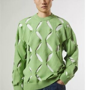 RAGGED PRIEST LANDSCAPE Green Distressed Sweater Cut-Outs Mens Small Oversized